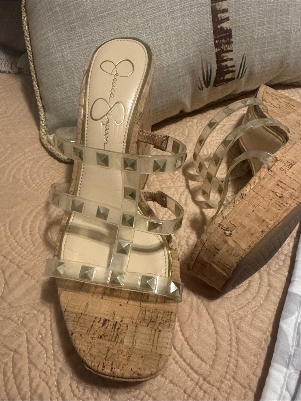 Jessica Simpson Clear Studded Cork Wedge Sandals